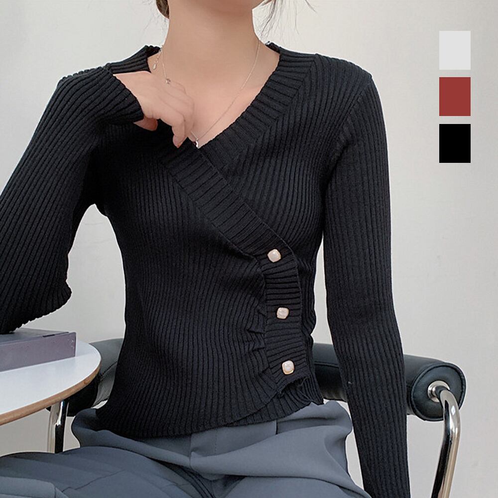 ニットトップス レディース 長袖Vネック