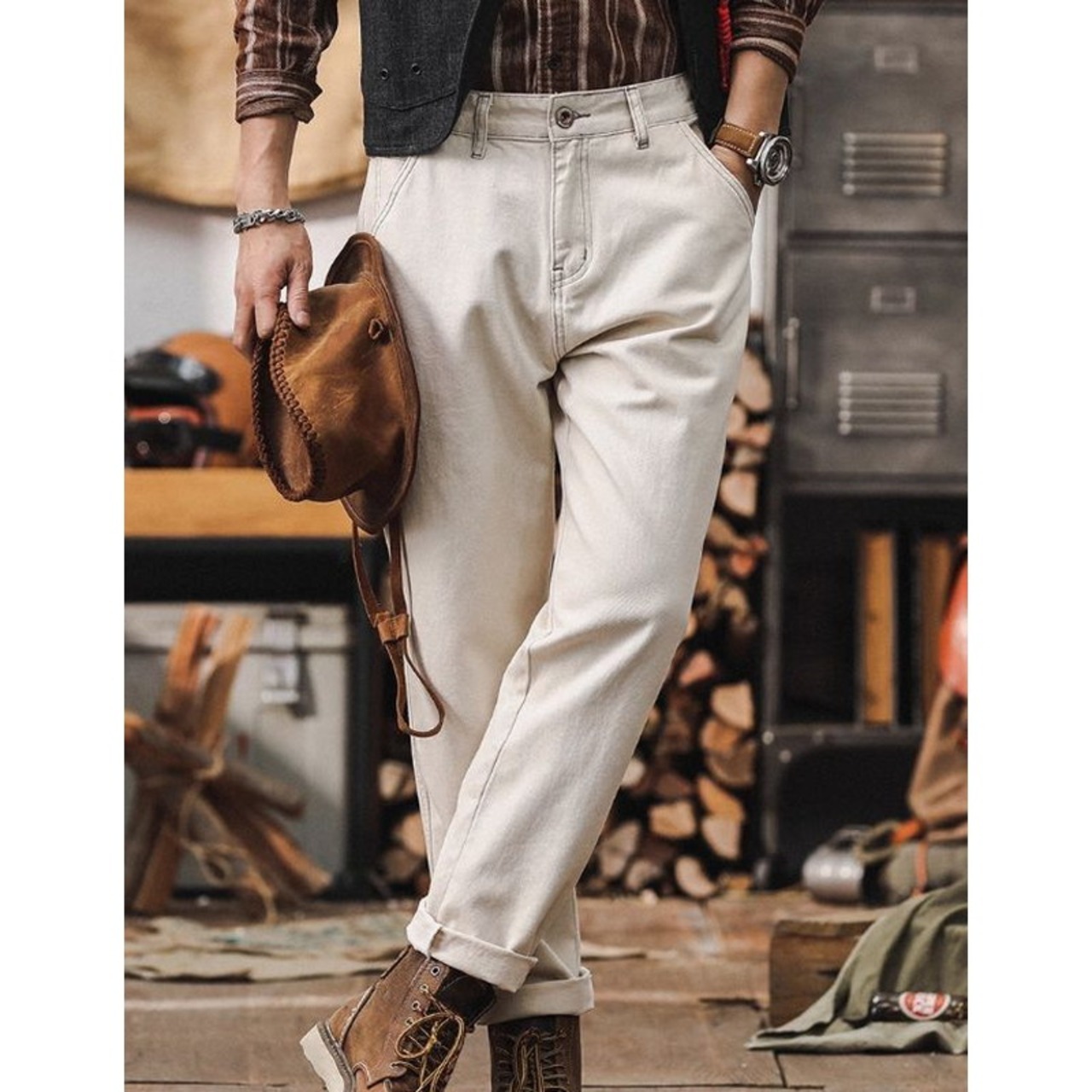 cotton ankle-length straight pants ◇H0794