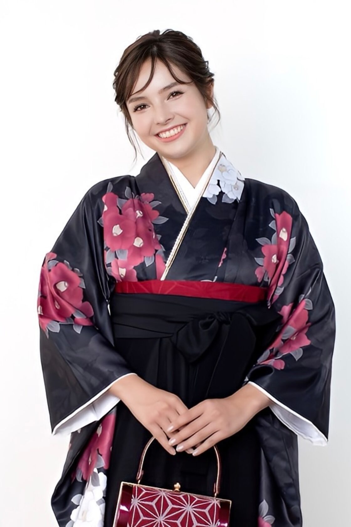 Kimono Sienne 卒業式袴3点セット 黒 赤 椿 袴 二尺袖着物 袴 卒業式 
