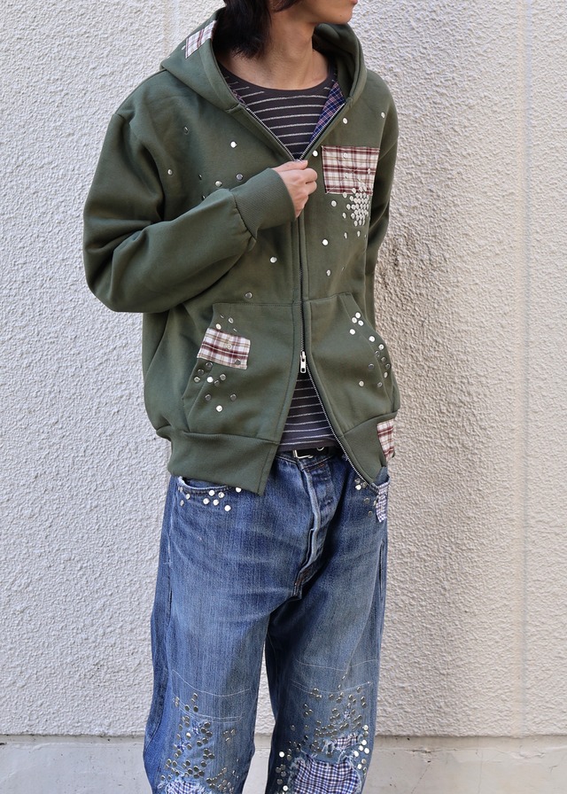 【Hannah Creak/26aw】Studded Hoodie Double Zip khaki