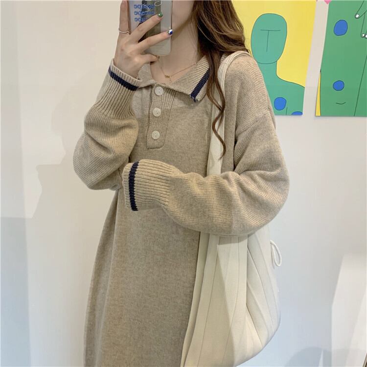 レトロシック なロングワンピ ニット ワンピース ロング丈 襟付き カジュアル シンプル フェミニン 女っぽ ガーリー Lamitte Deco トレンド 韓国ファッション ショップ Base店
