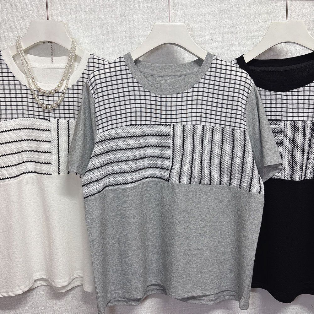 VINTAGE CHECK STRIPE CONTRAST SLEEVE T-SHIRT M-17347