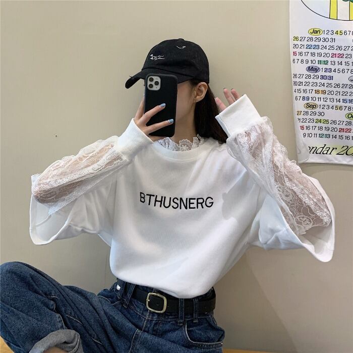 セーター レースオータムスタイルブラウス ロング 秋物 ステッチ 萌量不足53583700314