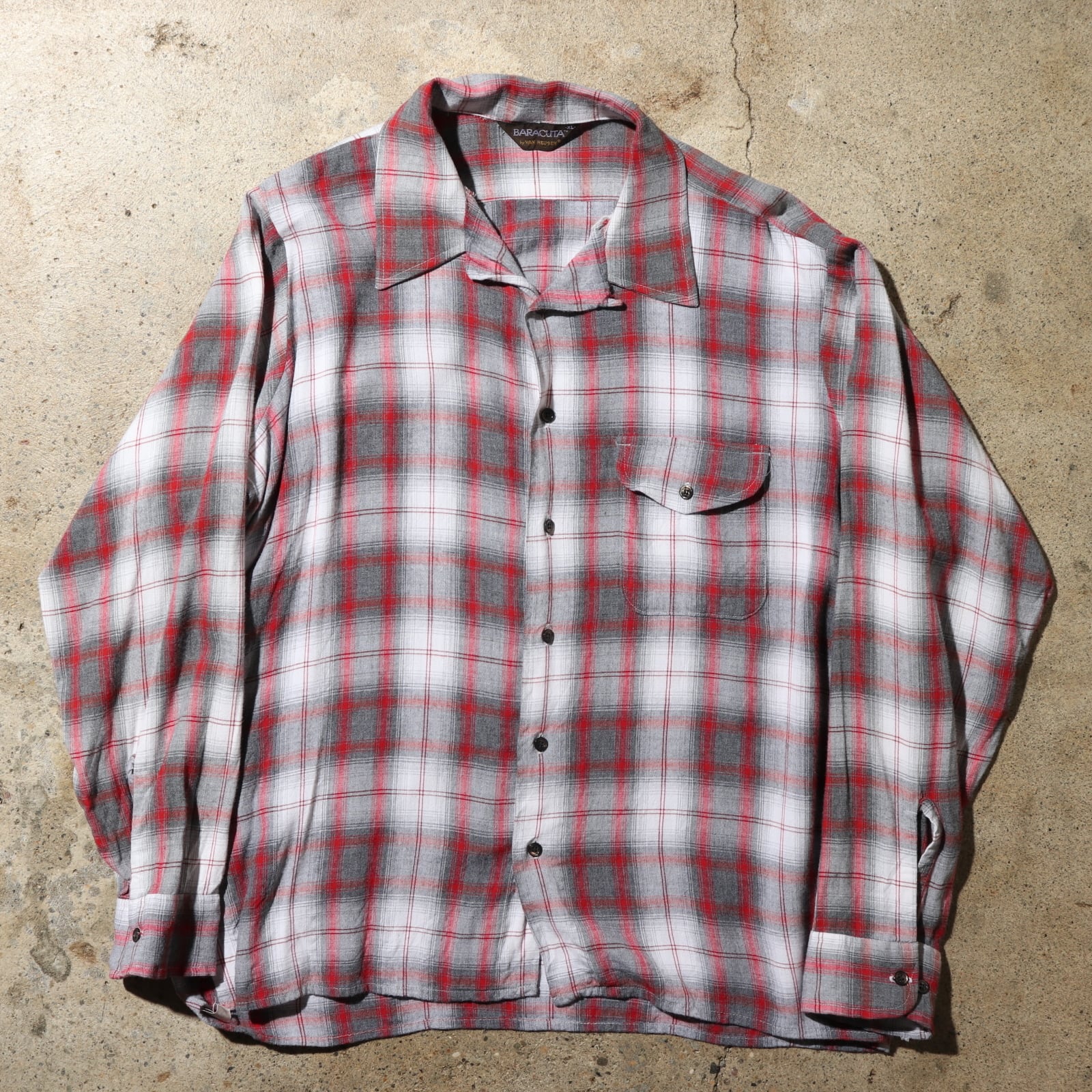 美品 XL 70s レーヨン オンブレチェックシャツ baracuta 長袖開襟 