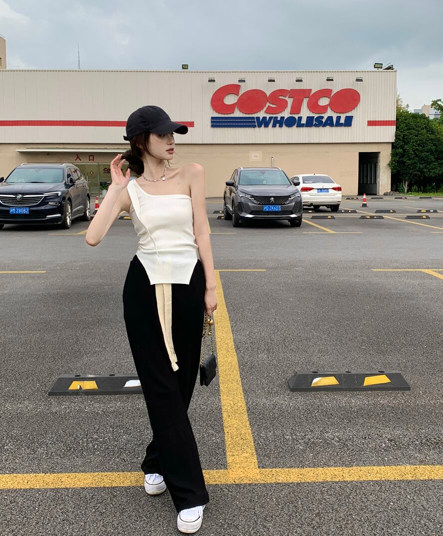 ギャザーカジュアルパンツ サマー薄手ブラックハイウェストウェストルーズワイドレッグ 夏物 ワイドパンツ ブラックストロベリース32681904622