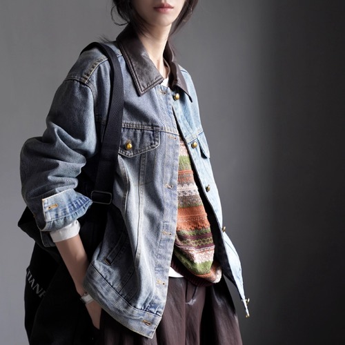 PUレザーカラーデニムジャケット ・20026