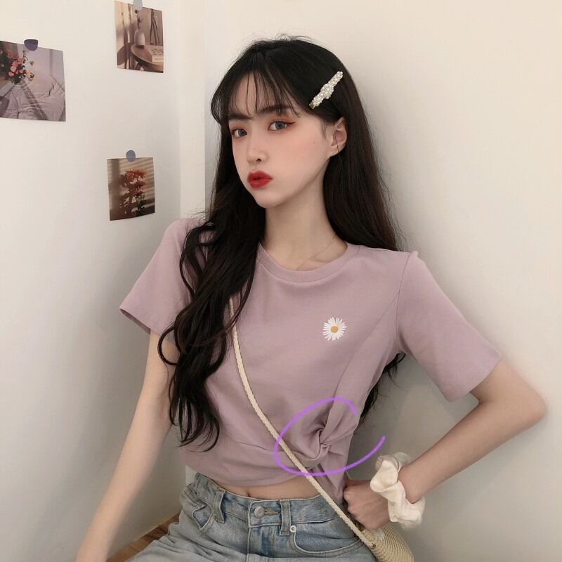 パープルショートクロップトップレディースサマー半袖Tシャツ2020ニューネットレッドインスーパーファイアスモールデイジーボトミングシャツ 1号婦人369455414