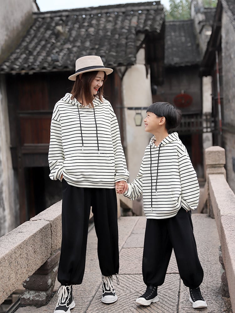 大人】親子ペア 親子コーデ パーカー 綿 コットン 長袖 ボーダー