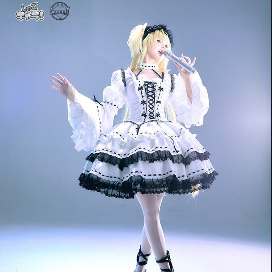 白黒レースのアイドル系ゴシックロリィタワンピース｜クロスリボン