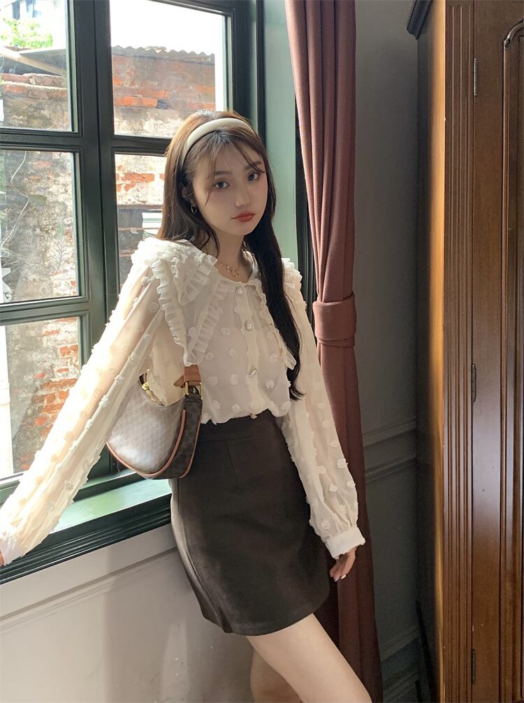 スタンダード薄手レースシャツ オータムトップス ロング レトロ 秋物 モンロー85093768921