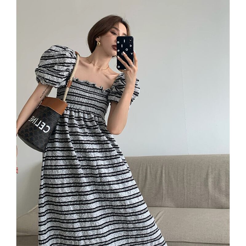 スタンダードカラーロングスカート サマーストライプスリーブドレス レディース レトロ 夏物 スクウェア ガールズファッション73787066075