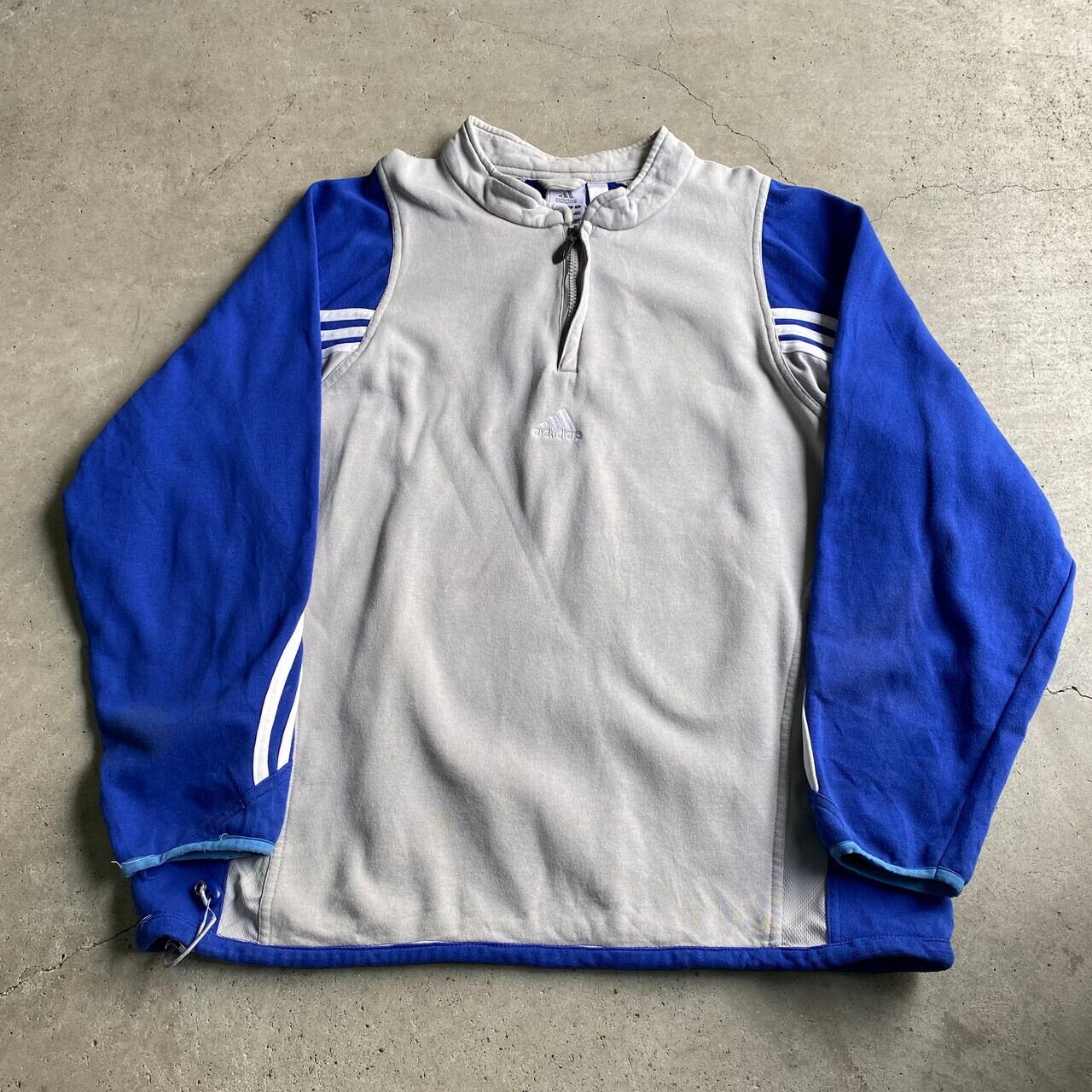00年代 Adidas アディダス センターロゴ ワンポイントロゴ刺 袖ライン メッシュ切替 ハーフジップ スウェット メンズ2xl 古着 ハイネック トレーナーグレー ブルー 00s ヴィンテージ ビンテージ スウェット Cave 古着屋 公式 古着通販サイト