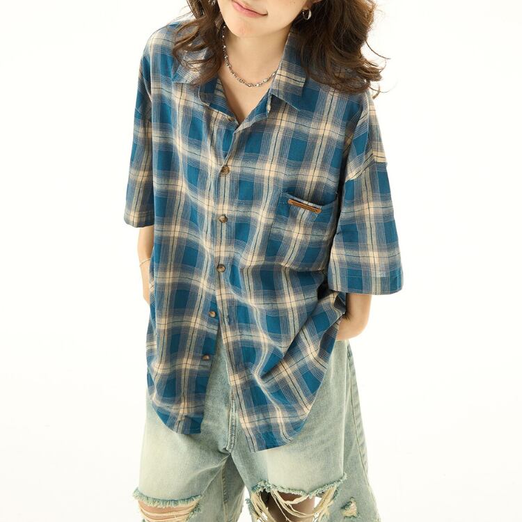 blue retro plaid short sleeve shirt ブルーレトロチェック柄