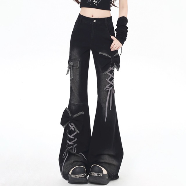 レースアップフレアリボンデニム（lli_6362）