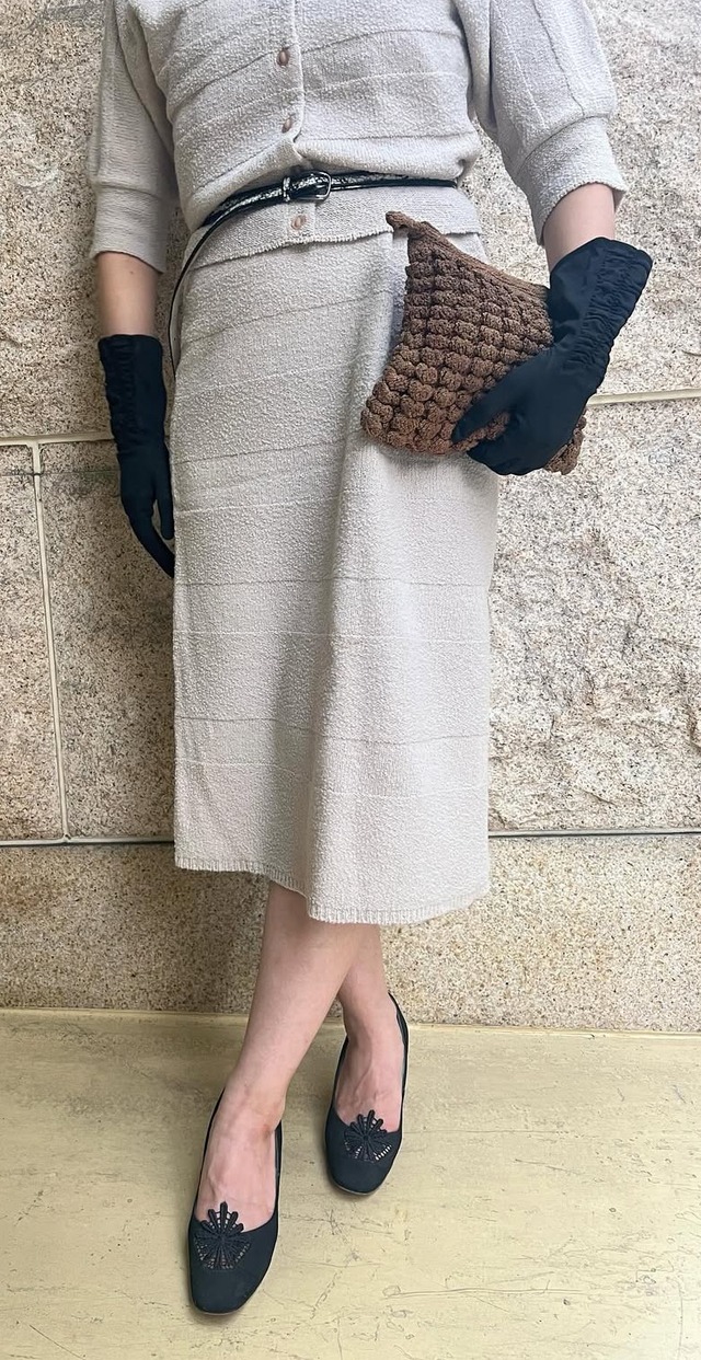 50's beige chenille wool jeweled cardigan & skirt set