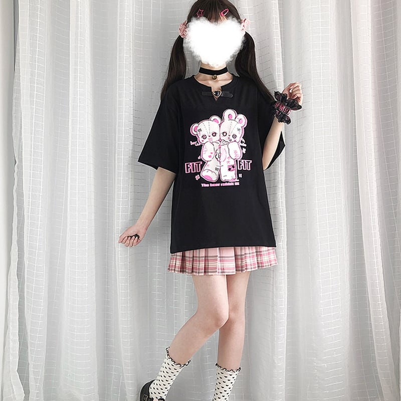 サブカル 服 地雷系 通販 夏 Tシャツ 夏服 ネックベルト ♂♀ クマちゃん&うさぎちゃん かわいい ゴシック ロリータ