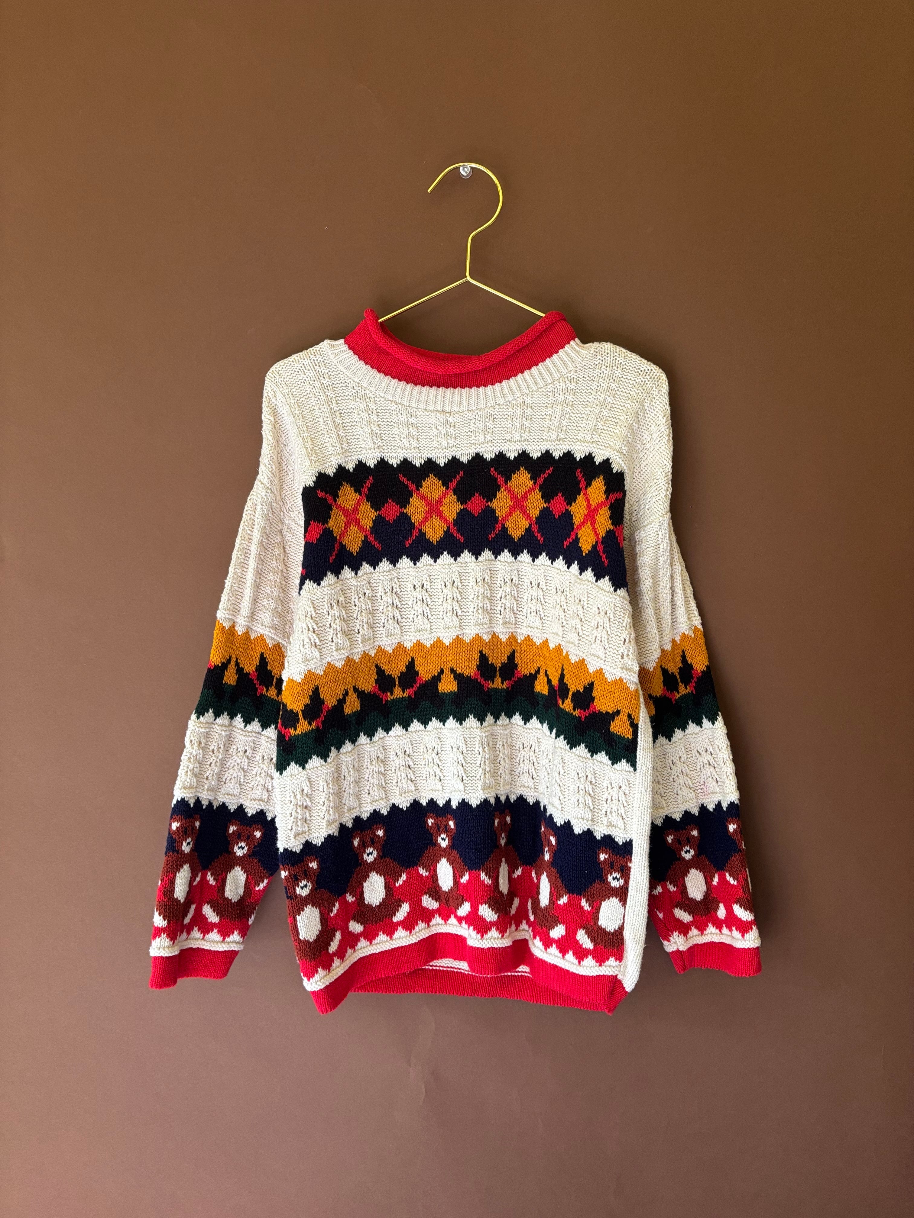 【KIDS vintage】 argyle bear cotton sweater. about 5-6y