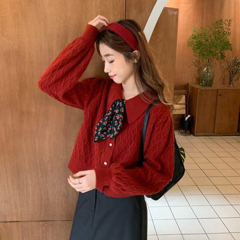 レッドセーター カーディガンジャケット スプリングオータムルーズトップス ロング 春物 秋物 試着室41371340068