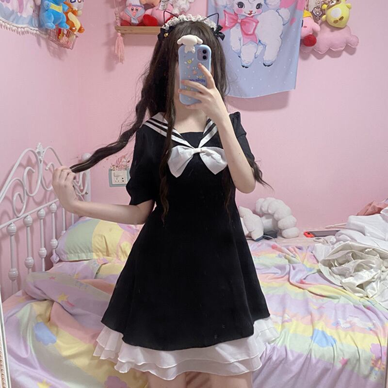 スタイルスカート ネイビーカラーウェストドレス サマーショート 大人ガーリー スウィート キュート カジュアル 夏物 萌量不足16835323843