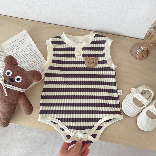【BABY】くまワッペンストライプノースリーブロンパース - 9