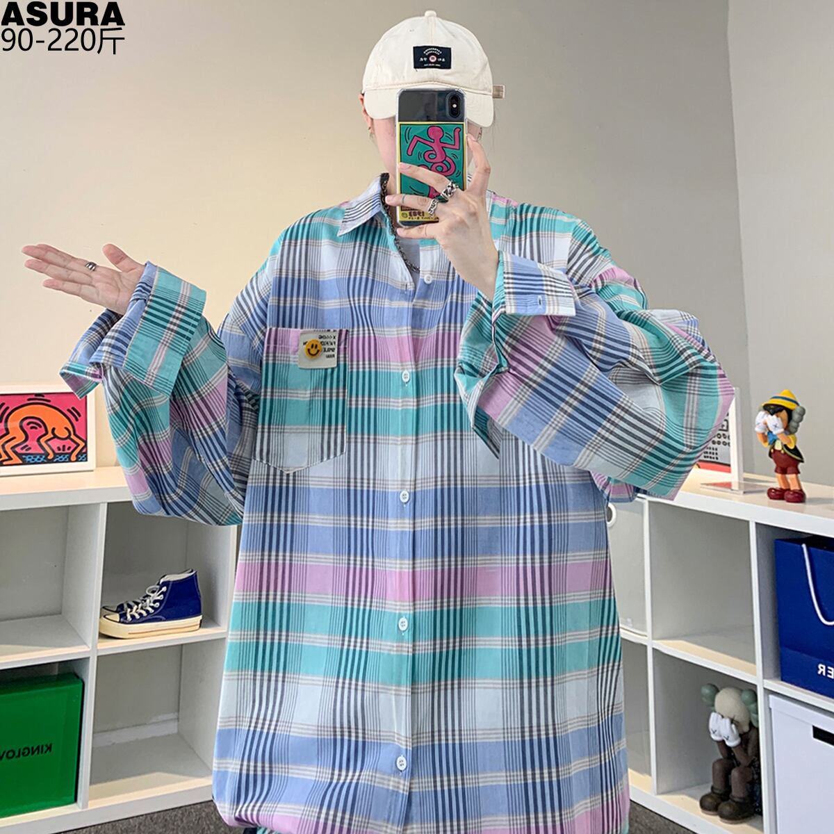 格子柄シャツ カジュアルルーズオータム ロング 大きめサイズ 秋物 ASURAプラスサイズメンズ13273901674