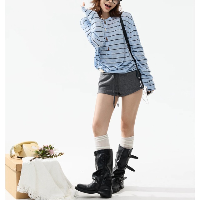 button-front blue border long tee　ボタンフロントブルーボーダーロングティー　J2106