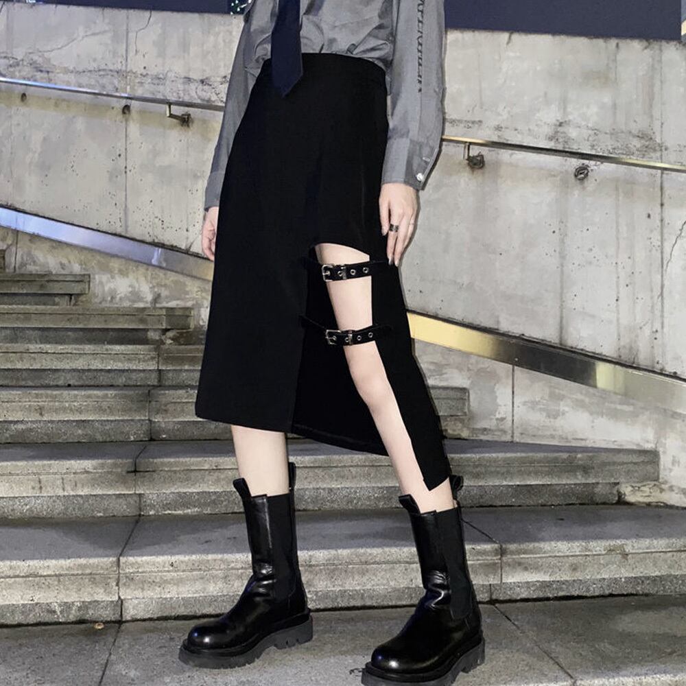 レディース スカート ミモレ丈 ストリート 原宿系 おしゃれ かわいい 大人 大人可愛い カレッジ風 ダンス ロック かっこいい セクシー ハイウエスト アシメ ミモレ丈スカート Ritz Chic