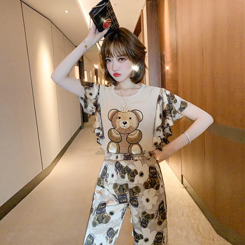 プリント柄ラウンドネックトップス プリントパンツ セット レッド 刺繍 Oネック MIUCO26728361252