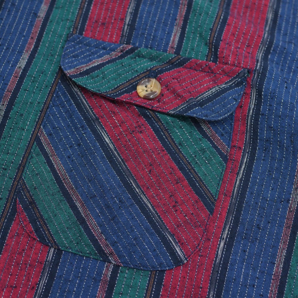 長袖シャツ　つむぎ織り　ストライプ　和服　レトロ　L　赤　藍　緑　古着 00s 藍紬 綿 つむぎ織 縞模様 長袖シャツ 伝統工芸 マルチストライプ