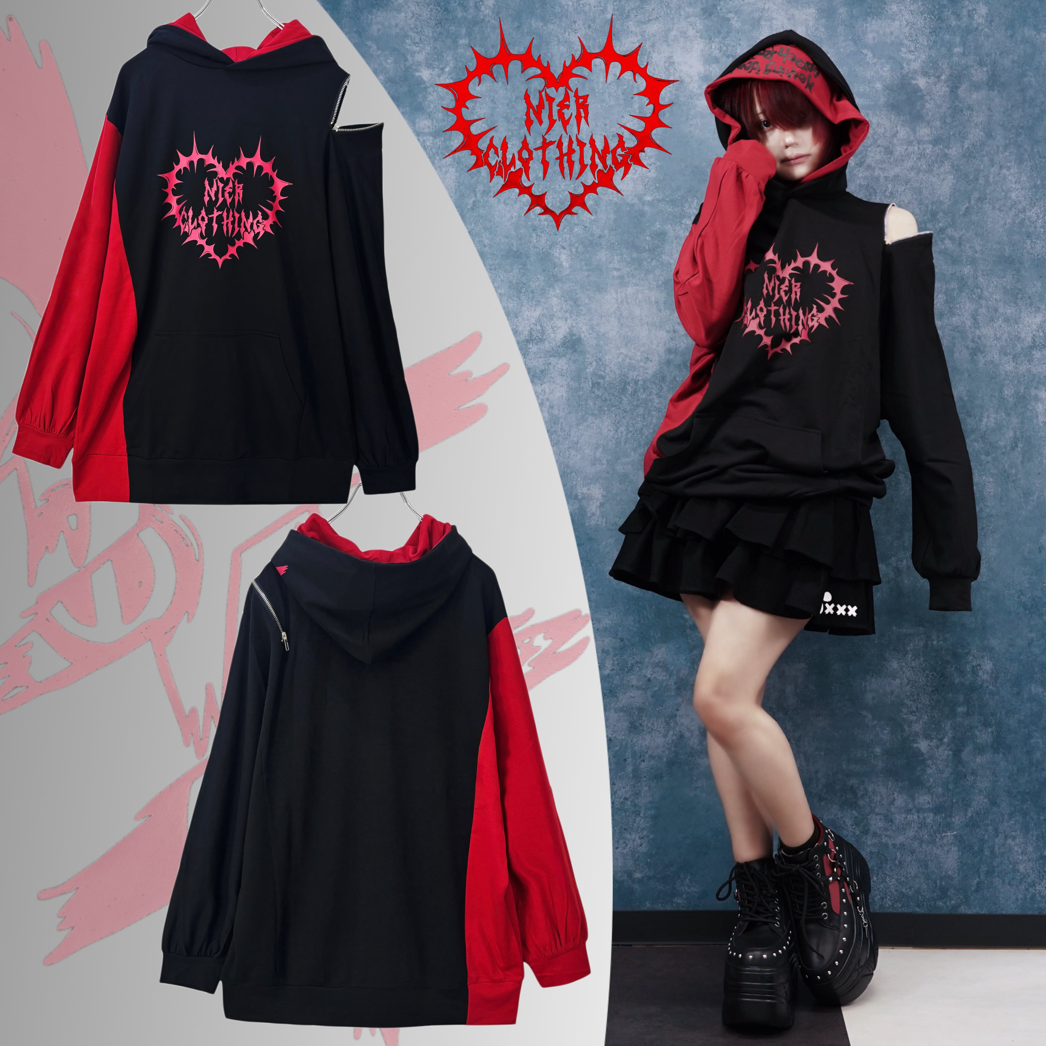 先着55点限定新作半額SALE》W HOOD BICOLOR PARKA【RED×BLACK】 | NIER