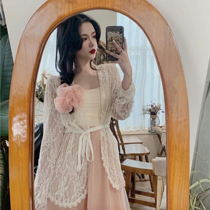 スプリングスタイルメッシュレースカーディガンロングスカート レディース 大人ガーリー スウィート キュート カジュアル 春物 ドラファッションホール12823884181