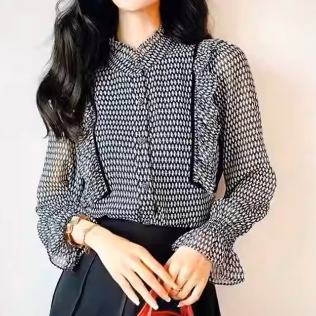 Stand collar elegant flare sleeve chiffon blouse