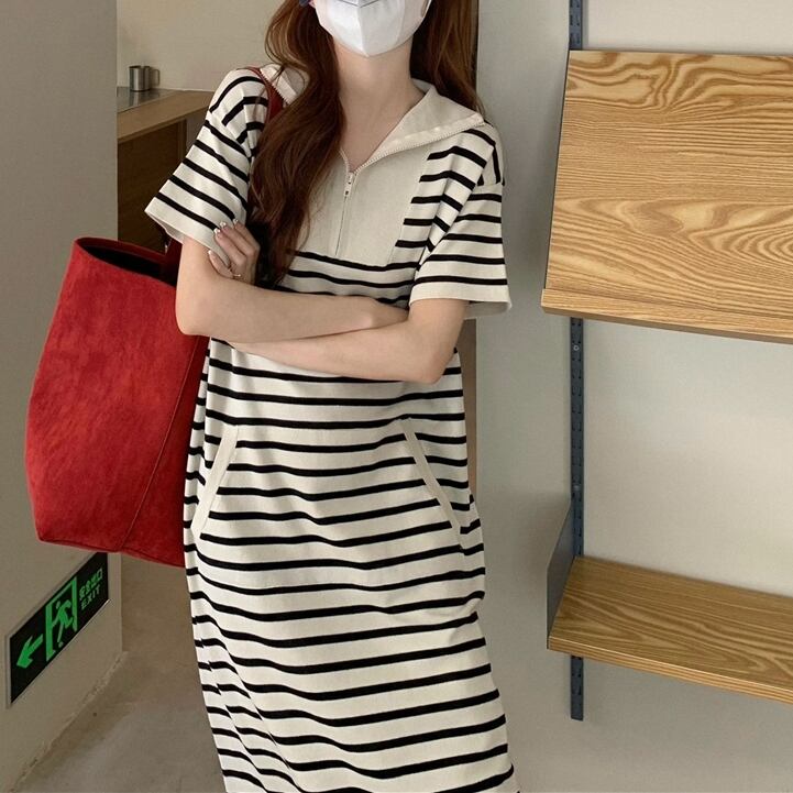 ワンピース レディース ロングワンピース ポロワンピース 膝下 ミモレ丈 ロング ロング丈 袖あり 半袖 5分袖 スキッパー 襟付き ビッグカラー Iライン ポケット ポリエステル 異素材MIX かわいい 大人可愛い カジュアル 清楚 おしゃれ お嬢様 ナチュラル こなれ感 ラブリー キュート ガーリー 抜け感 爽やか ボーダー OL 学生 デート 女子会 休日 リゾート 旅行 カフェ巡り 街歩き M L XL 春 夏 秋 10代 20代 30代 着回し 普段使い 重ね着 体型カバー 楽ちん 送料無料