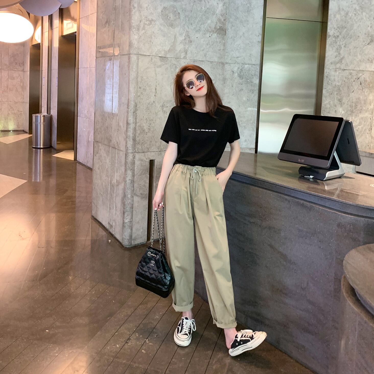 スタイルスタンダードカジュアルTシャツ サマーハイウェストウェストワイドレッグパンツ レッド レトロ 夏物 ワイドパンツ 6Du_Shop_Women19256720940