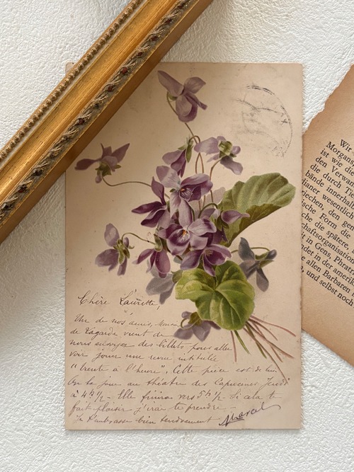 フランス アンティークポストカード すみれ violette 1902年 額装 インテリア 撮影小物 コラージュ