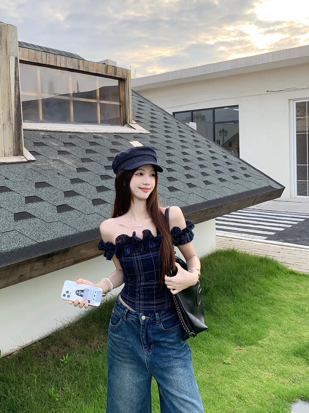 tops】ボートネックチェック柄トップス M32290 | nanastyle