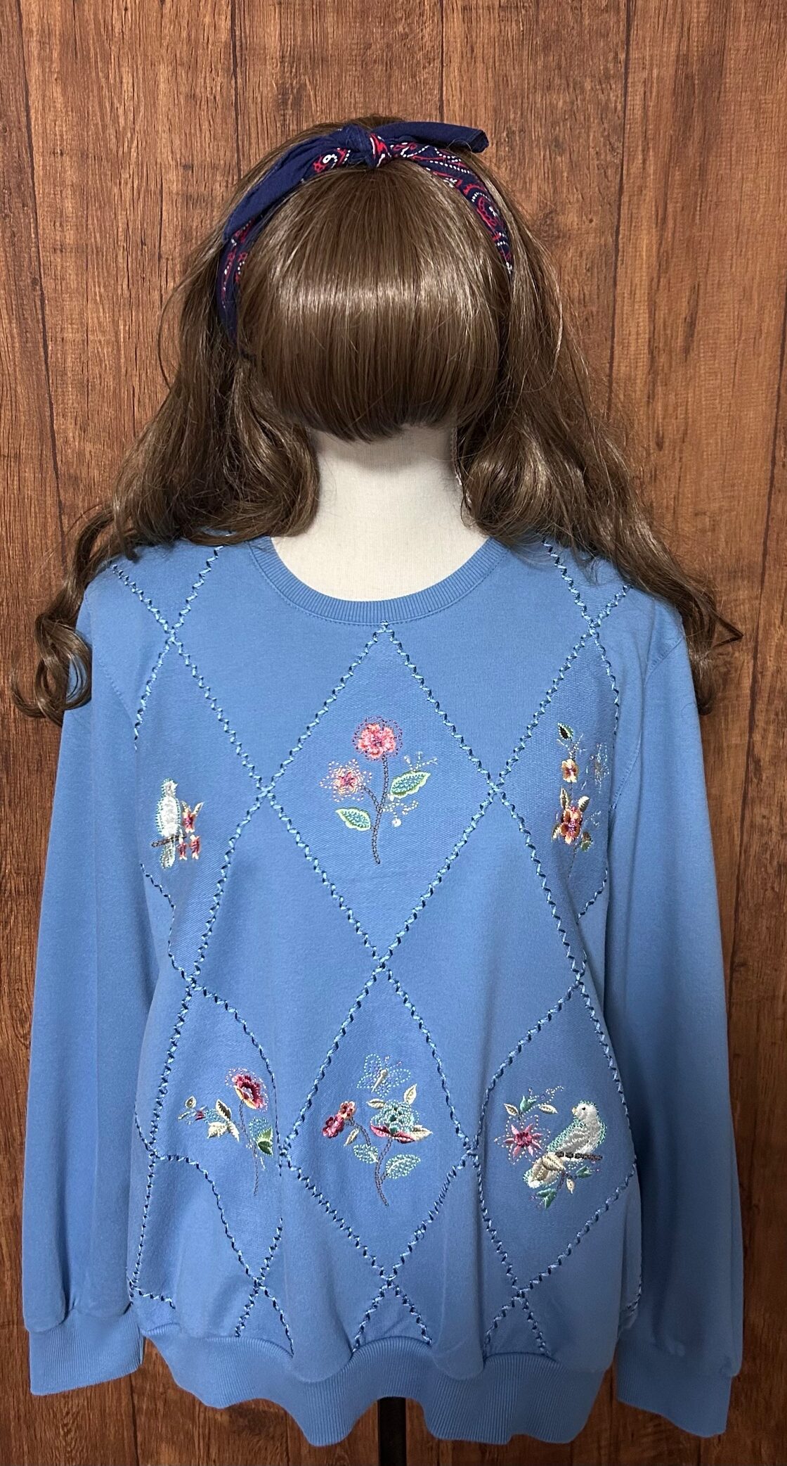 花 鳥 刺繍 スウェット スエット トレーナー 水色 装飾 レトロ 