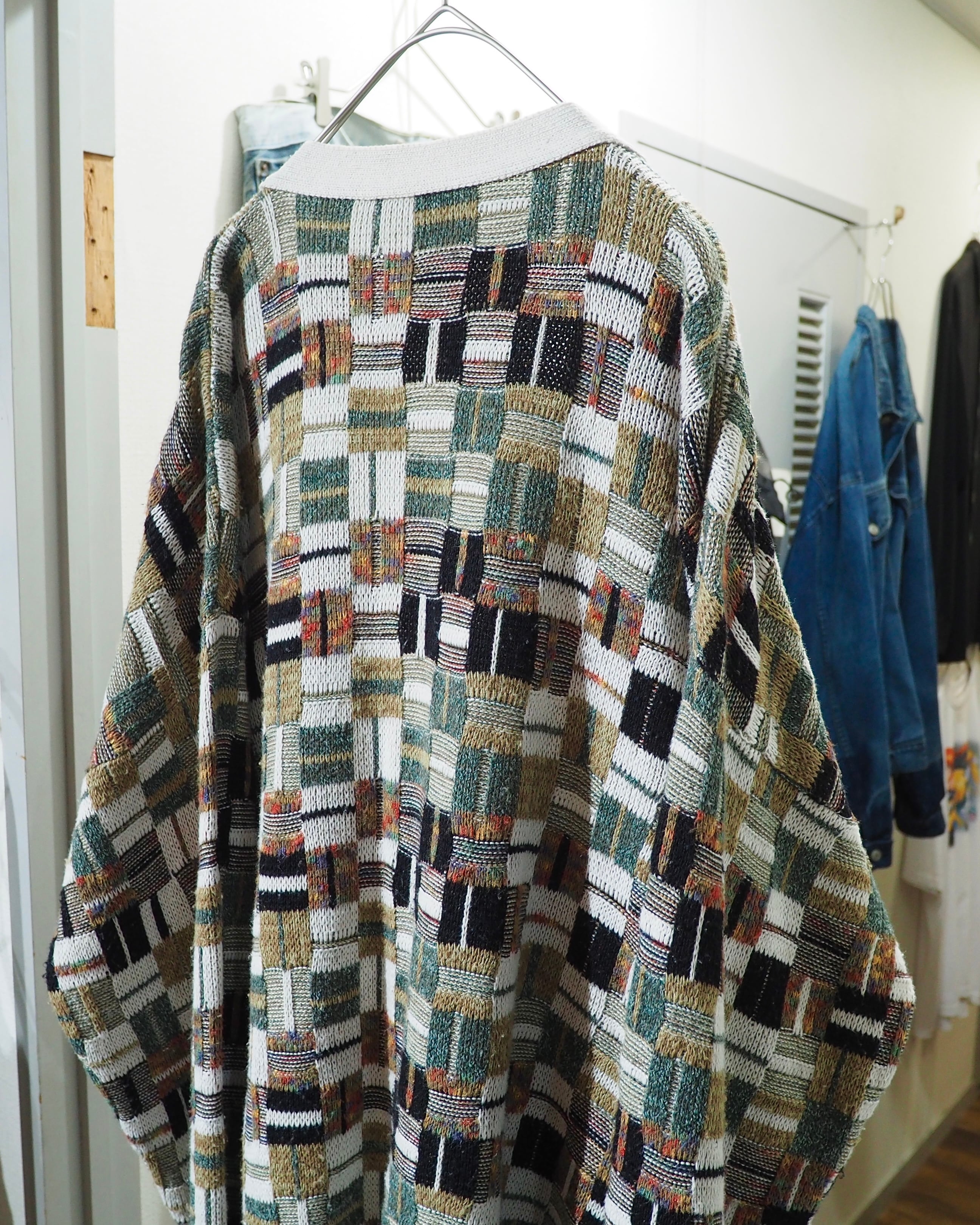 1990s Multi Color Block Weaving Vintage Loose Knit Cardigan