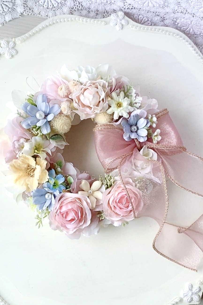 【WR-004】【ふんわり優しい彩りのラウンドリース】パステルピンク×ブルー/壁掛け/インテリア/贈り物におすすめ