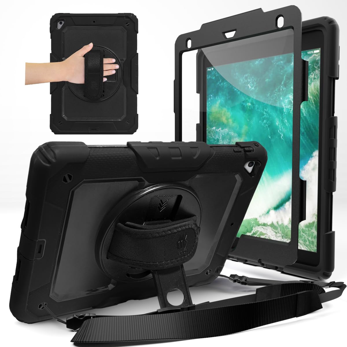 【特価処分】MS factory iPad 第6世代 第5世代 用 ケース Air2 Pro 9.7インチ アイパッド 9.7 カバー 耐衝撃 ペン収納 キッズ 保護 フィルム 付き ショルダー ハンドストラップ 360°回転 スタンド ブラック 黒 IPD-5-SHOCK-BK