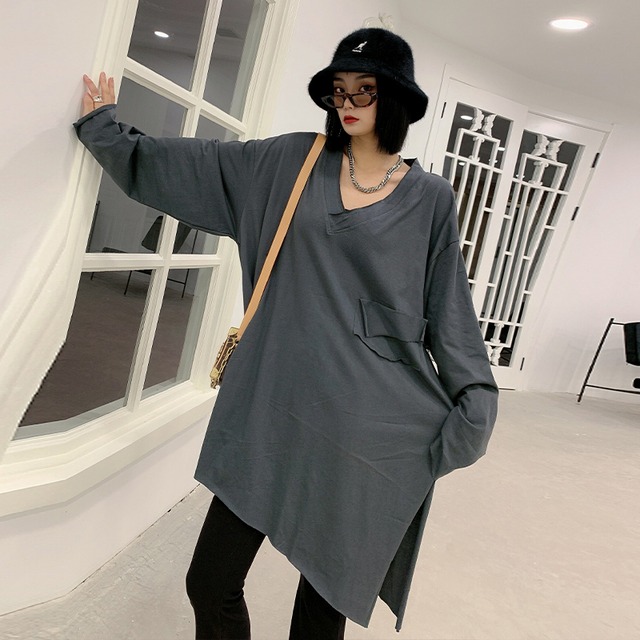 オータムVネックルーズ薄手 ロング 大きめサイズ 秋物 Tシャツ ミックスインファッション29172862355