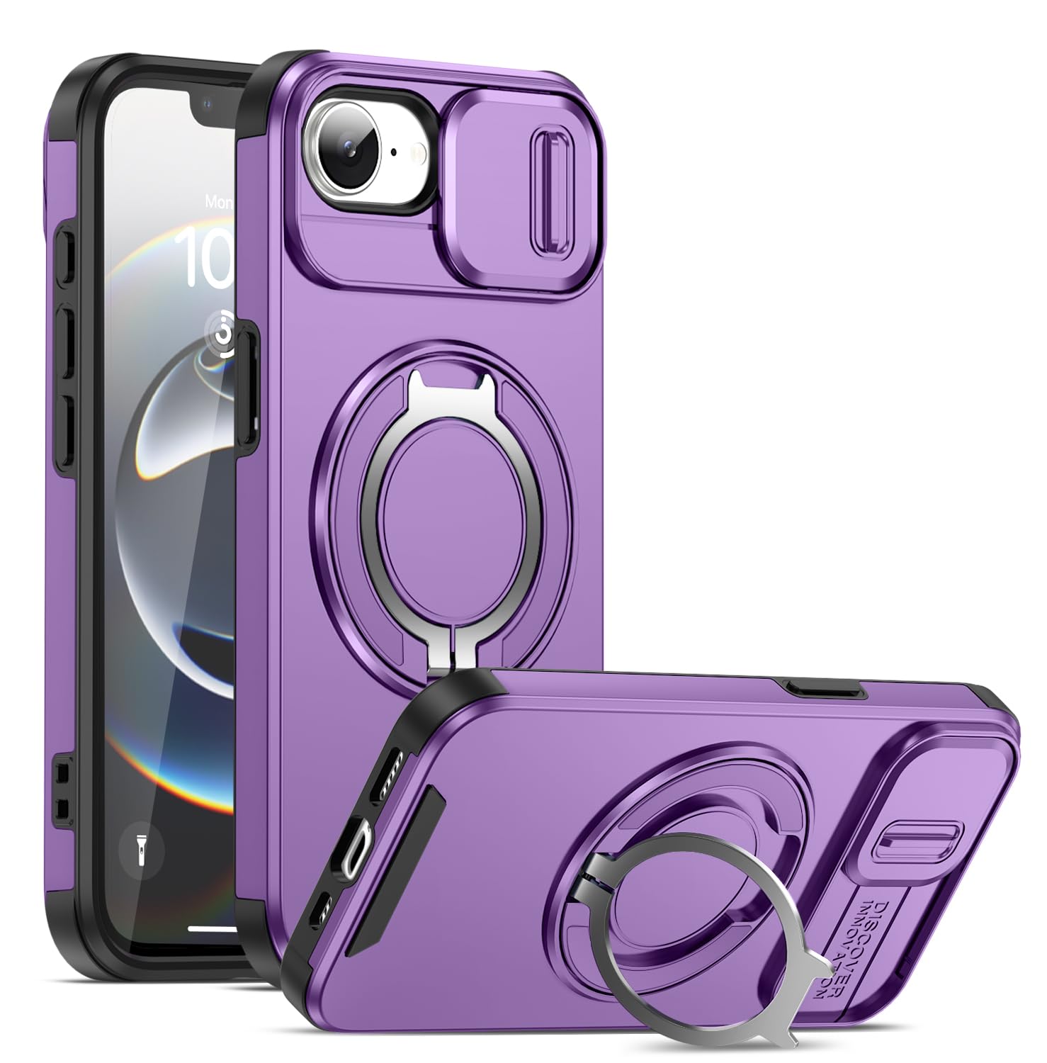 JUMGPYICM 対応 iPhone 17E/16E 用のケース【横縦両立・多機能360度回転スタンド】リング 耐衝撃 TPU+PC