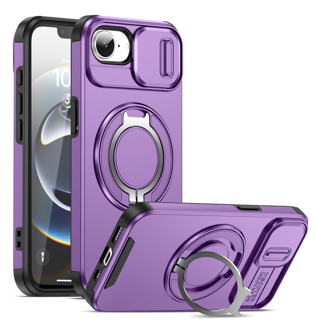 JUMGPYICM 対応 iPhone 17E/16E 用のケース【横縦両立・多機能360度回転スタンド】リング 耐衝撃 TPU+PC