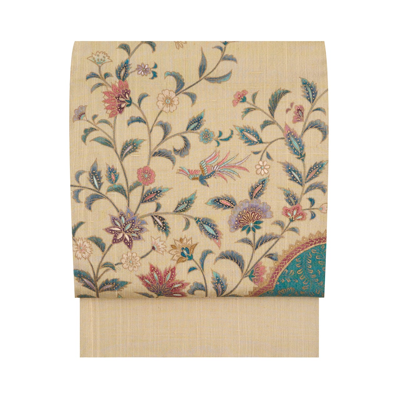 【未使用品】全通 染め袋帯 正絹 花唐草 更紗縞 カジュアル モダン 唐花模様 金更紗に手刺繍 袋帯 【中古】 | かわの屋