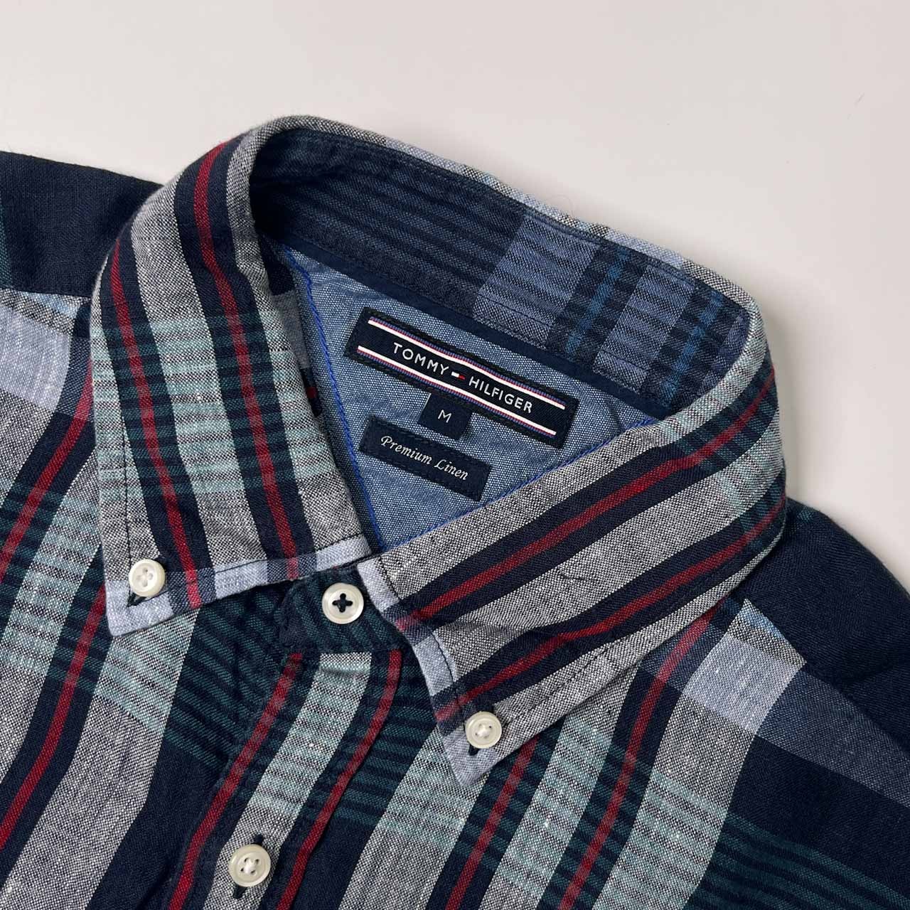 リネン100% TOMMY HILFIGER トミー ヒルフィガー チェック BD ボタンダウン 半袖シャツ M/ブルー系 メンズ
