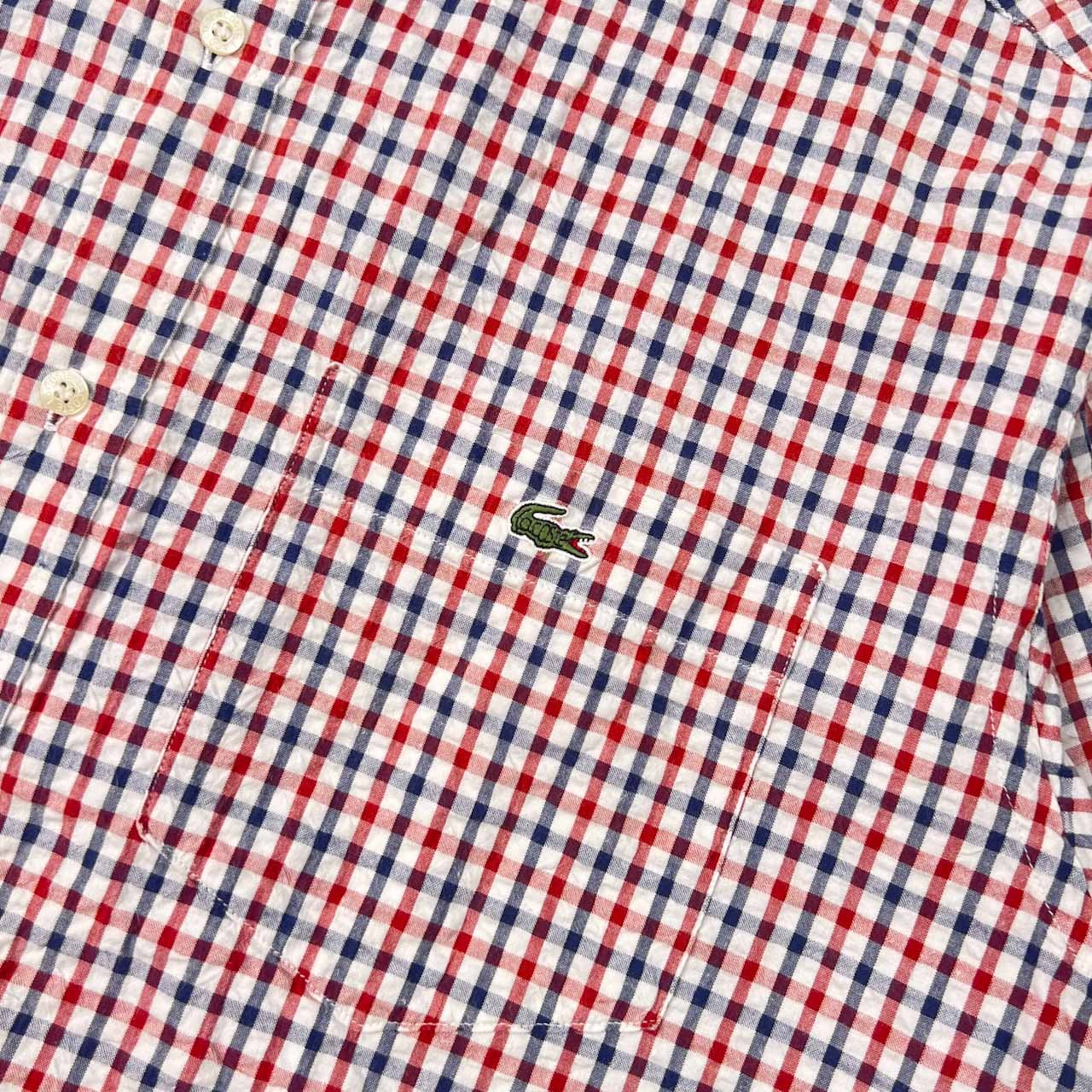 80s LACOSTE ラコステ 文字ワニ チェック BD ボタンダウン シアサッカー 半袖シャツ 3/レッド×ブルー メンズ ビンテージ 大沢商会
