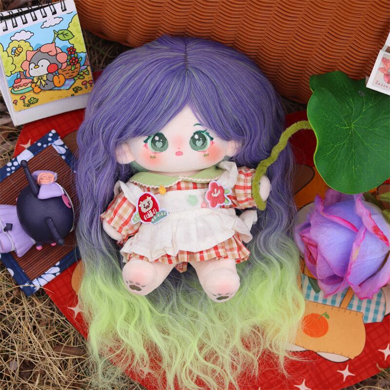 20cm ぬいぐるみ用 ウィッグ 巻き髪 ロングヘア グリーン＋パープル