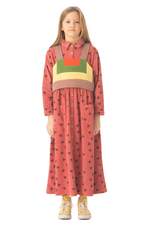 【即納】Long Shirt Dress コーデュロイ シャツワンピース pomegranate w/ green hearts｜piupiuchick ピウピウチック AW22 MN2202
