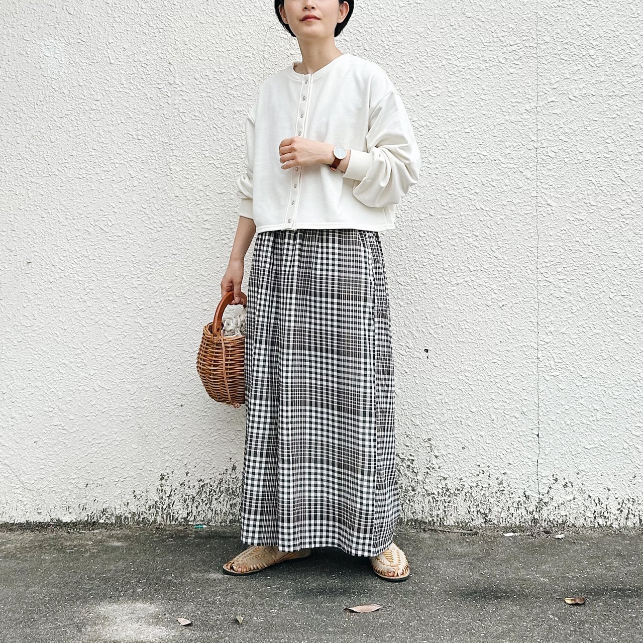 Cotton crêpe check wide pants