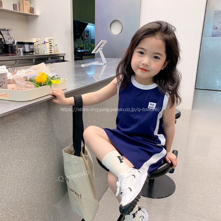 80 140 ワンピース サイドライン タンクトップ スポーティ 韓国版 可愛い 女の子 韓国子供服 子供服 Q Toworld キュートワールド 子供服